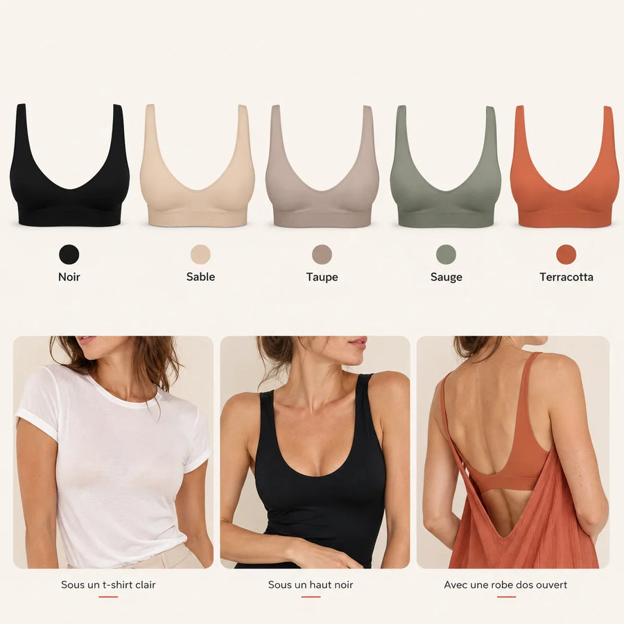 Les cinq coloris du soutien-gorge FLOW SoftLift portes sous differents hauts