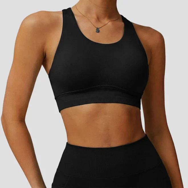 Ensemble sport femme brassière côtelé bonnets fixes et legging taille haute sans couture — FLOW
