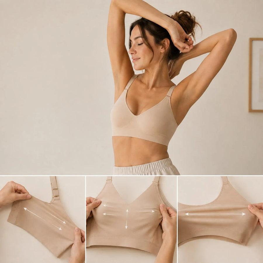 Brassière FLOW SoftLift beige, maille extensible multidirectionnelle (étirement dans toutes les directions)