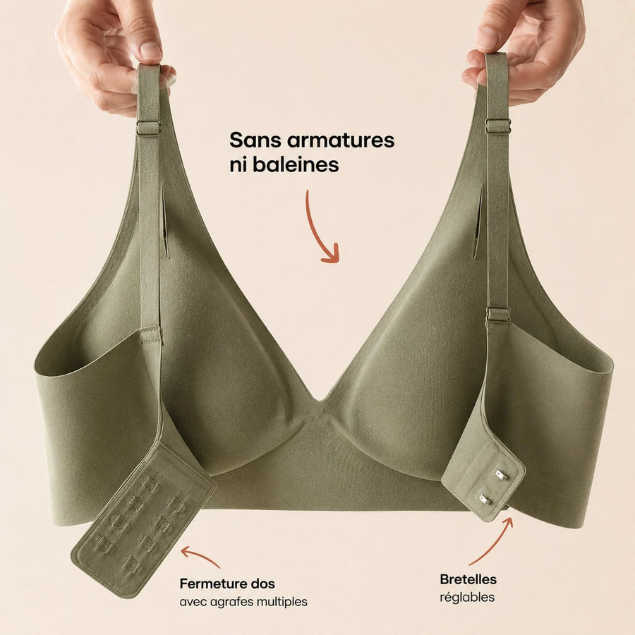 Brassière FLOW SoftLift kaki, bretelles réglables et fermeture dos, sans armatures
