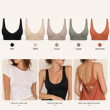 Les cinq coloris du soutien-gorge FLOW SoftLift portes sous differents hauts