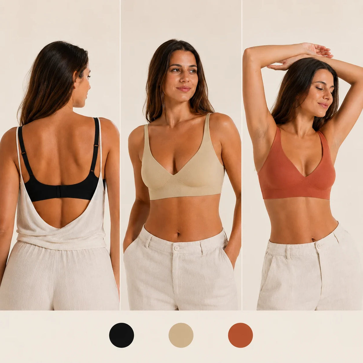 Trois femmes portant le soutien-gorge FLOW SoftLift, noir beige et terracotta