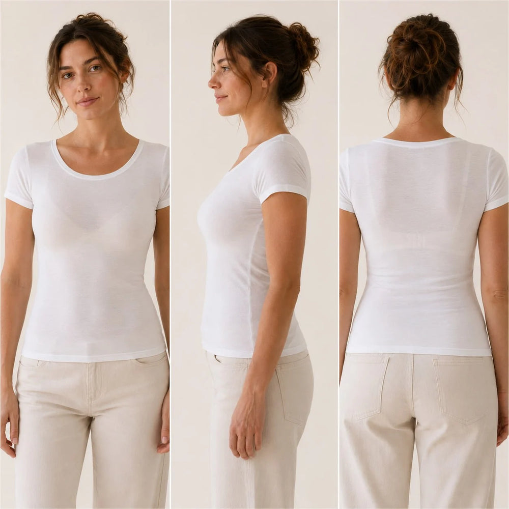Brassière FLOW SoftLift invisible sous un t-shirt blanc — vue de face, de profil et de dos