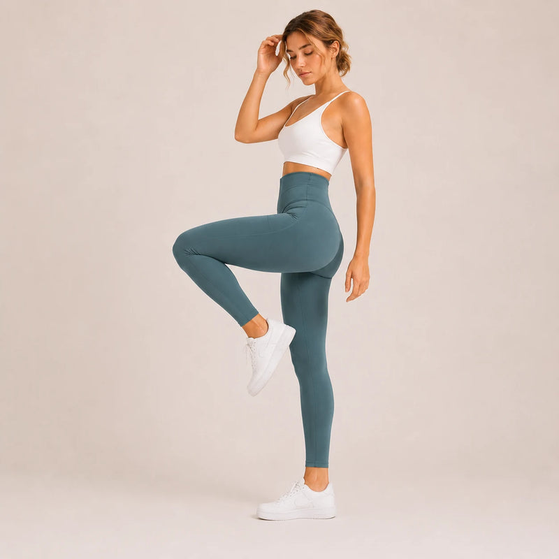 Legging femme taille haute a crochets ORIIVE coloris bleu grise - equilibre profil
