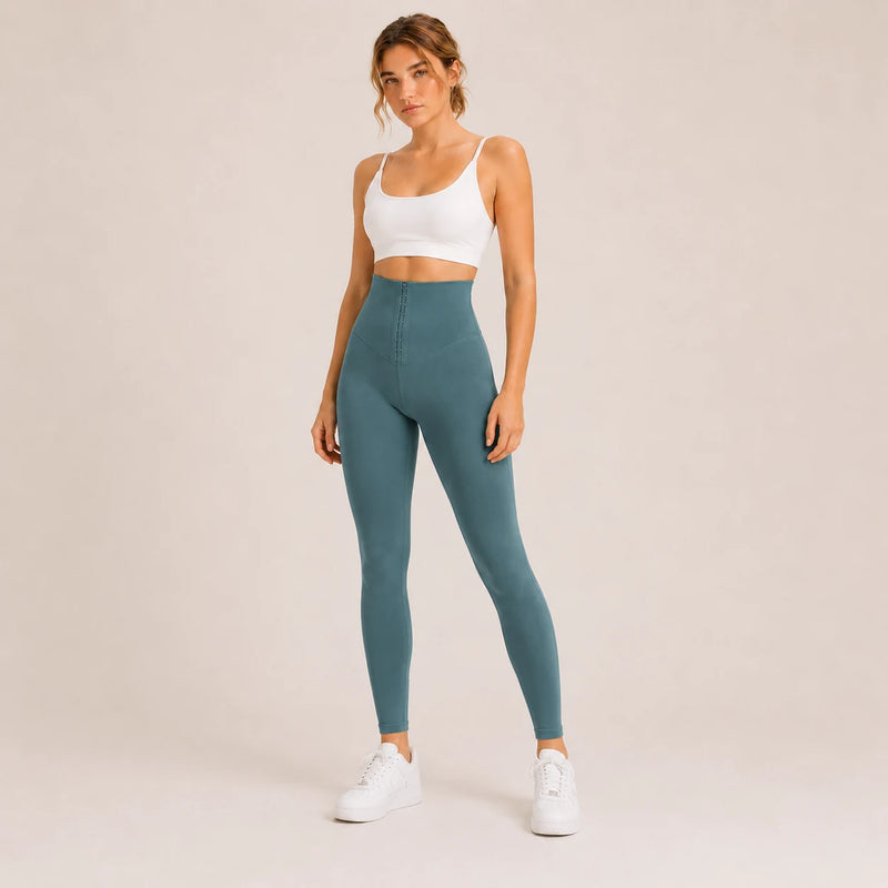 Legging femme taille haute a crochets ORIIVE coloris bleu grise - face taille haute