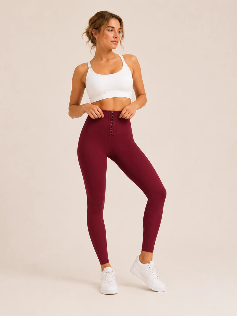 Legging femme taille haute a crochets ORIIVE coloris bordeaux - face taille haute