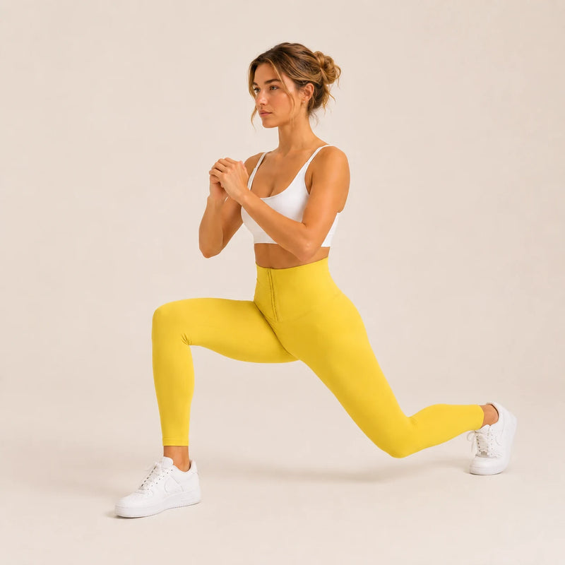 Legging femme taille haute a crochets ORIIVE coloris jaune - mouvement fente