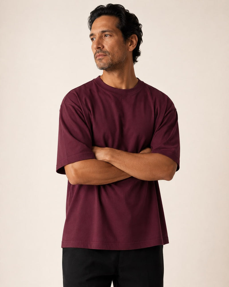 T-shirt homme oversize coton épais col rond — core — coloris Bordeaux
