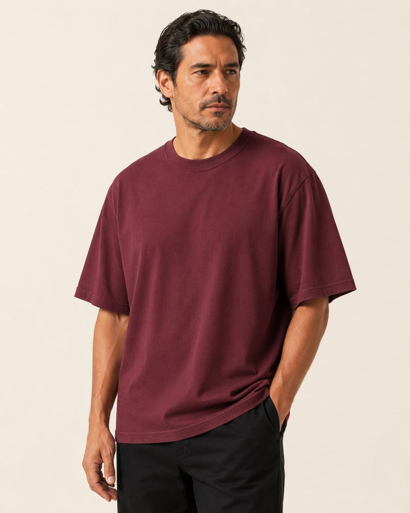 T-shirt homme oversize coton épais col rond — core — coloris Bordeaux