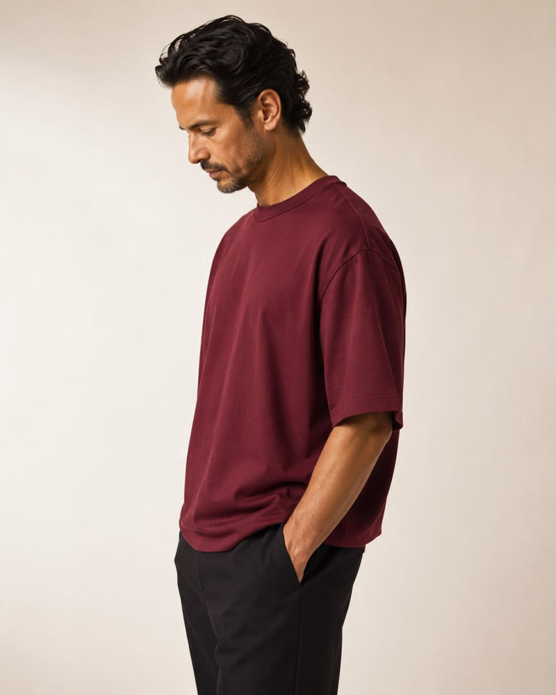 T-shirt homme oversize coton épais col rond — core — coloris Bordeaux