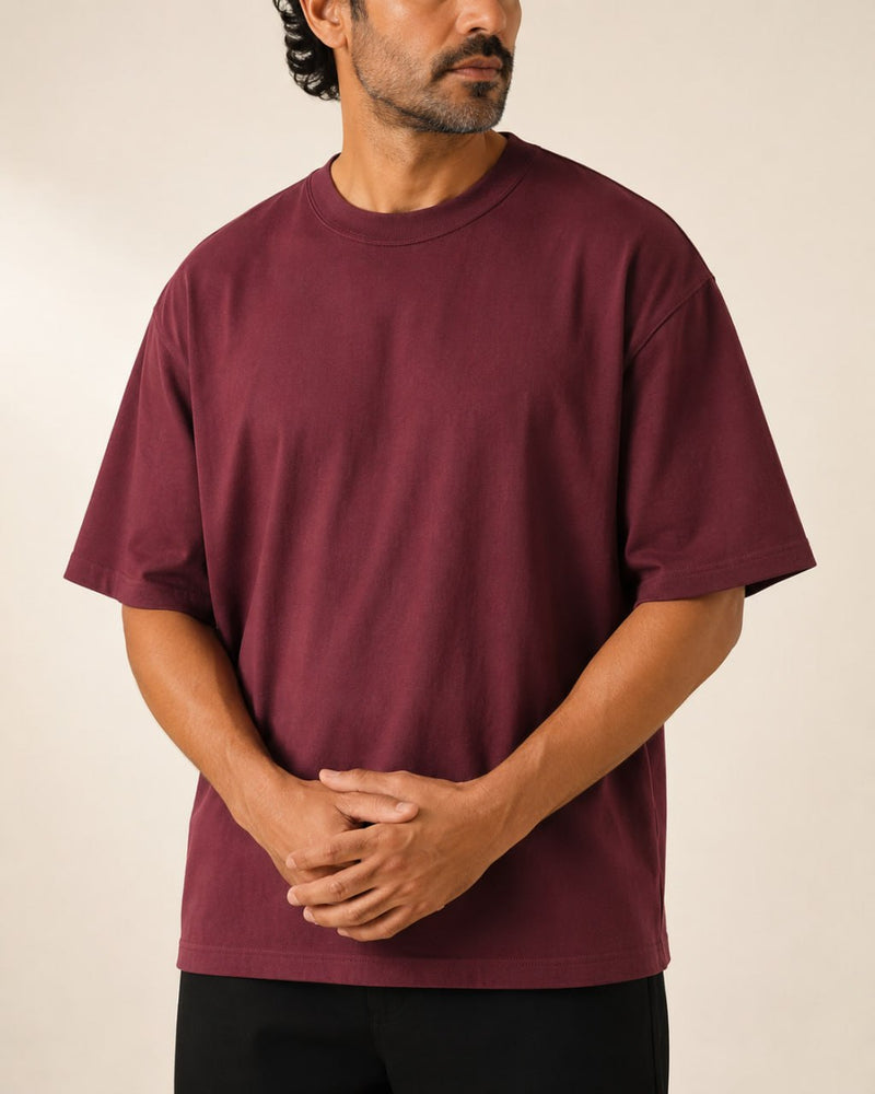 T-shirt homme oversize coton épais col rond — core — coloris Bordeaux
