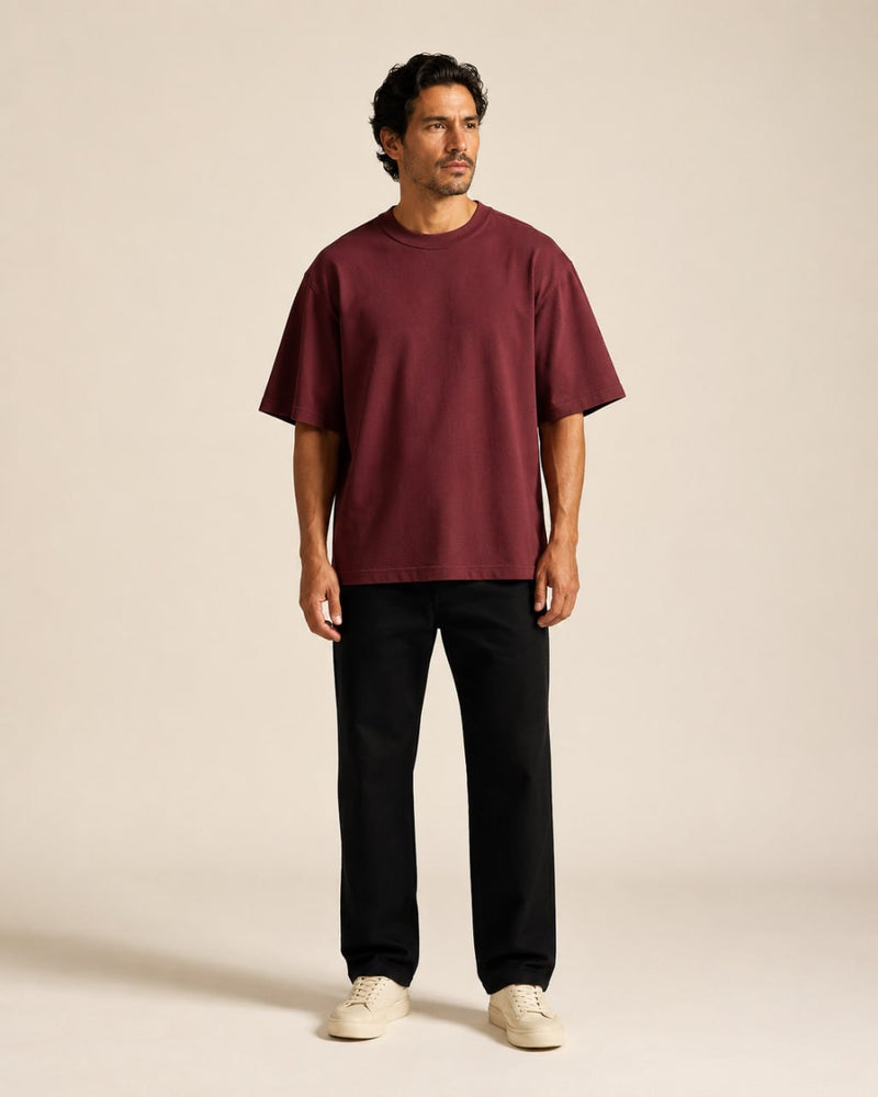 T-shirt homme oversize coton épais col rond — core — coloris Bordeaux