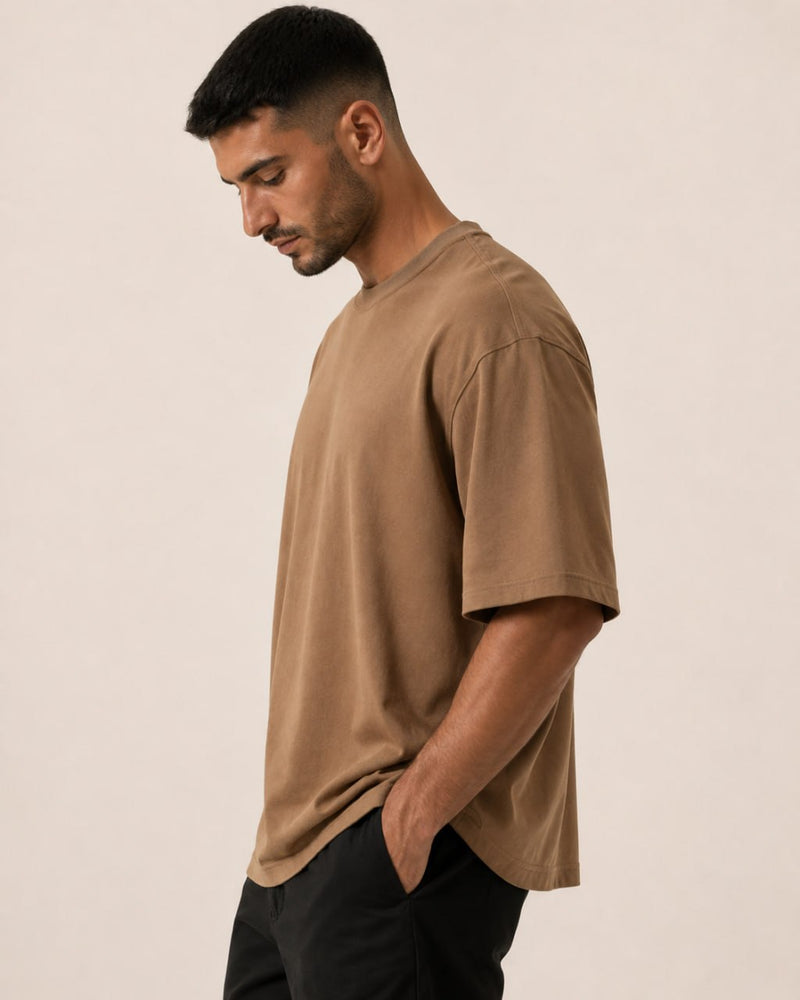 T-shirt homme oversize coton épais col rond — core — coloris Camel