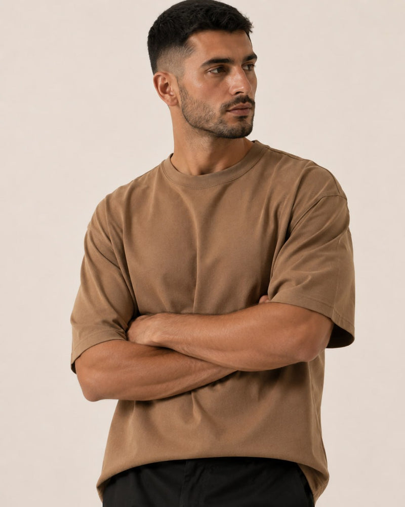 T-shirt homme oversize coton épais col rond — core — coloris Camel