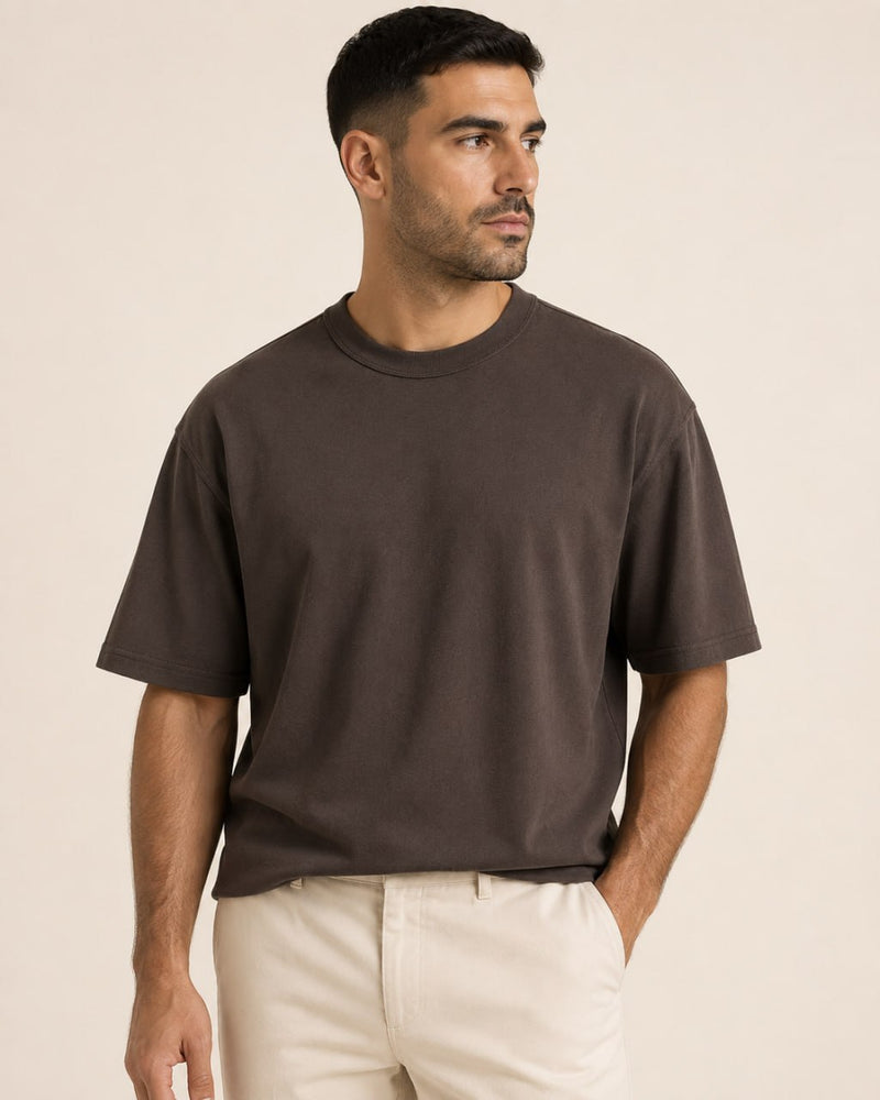 T-shirt homme oversize coton épais col rond — core — coloris Marron